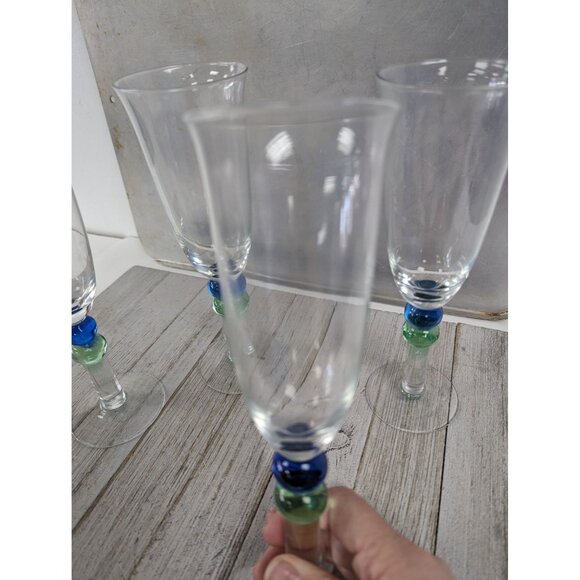 French Style Set of 4 Wine Drinking Glasses 8 5/8" Tall Clear Blue Green Stem - Picture 5 of 9